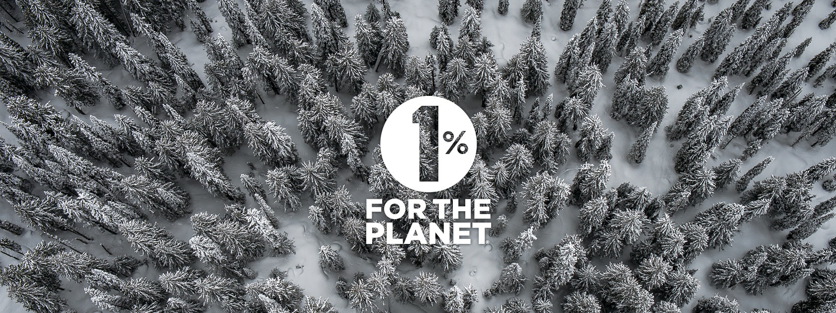 aerial view of snowy pine trees with 1% logo in the center