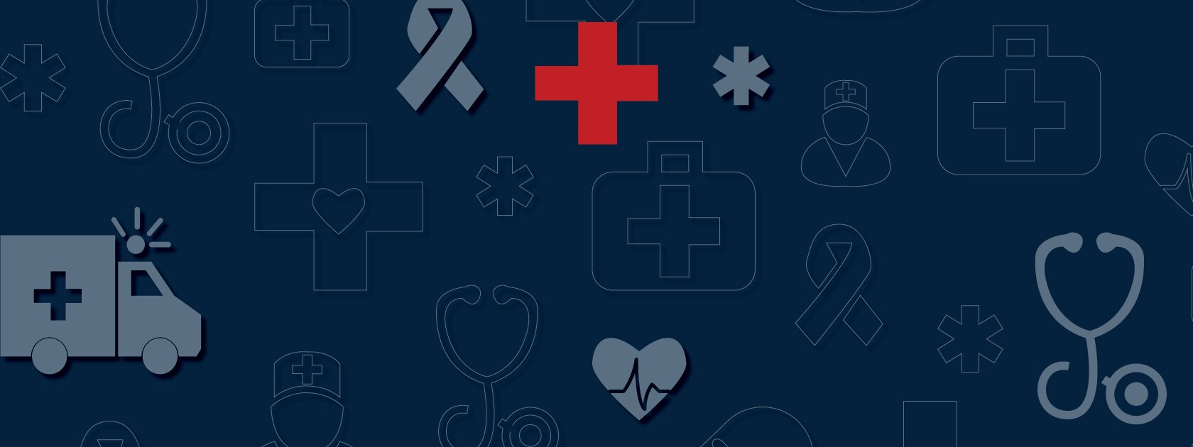 a navy blue background with light grey medical icons and a red cross