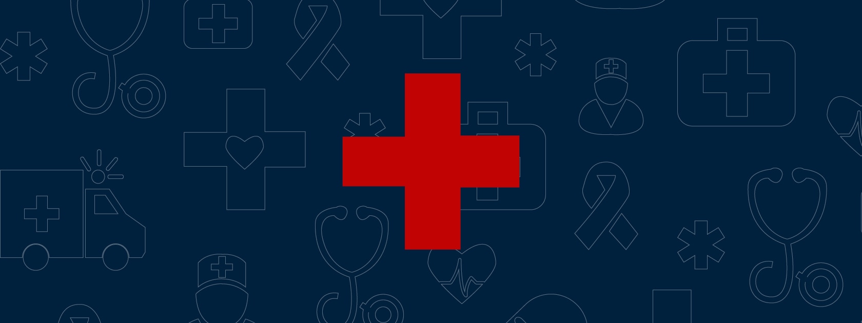 a navy blue background with light grey medical icons and a red cross