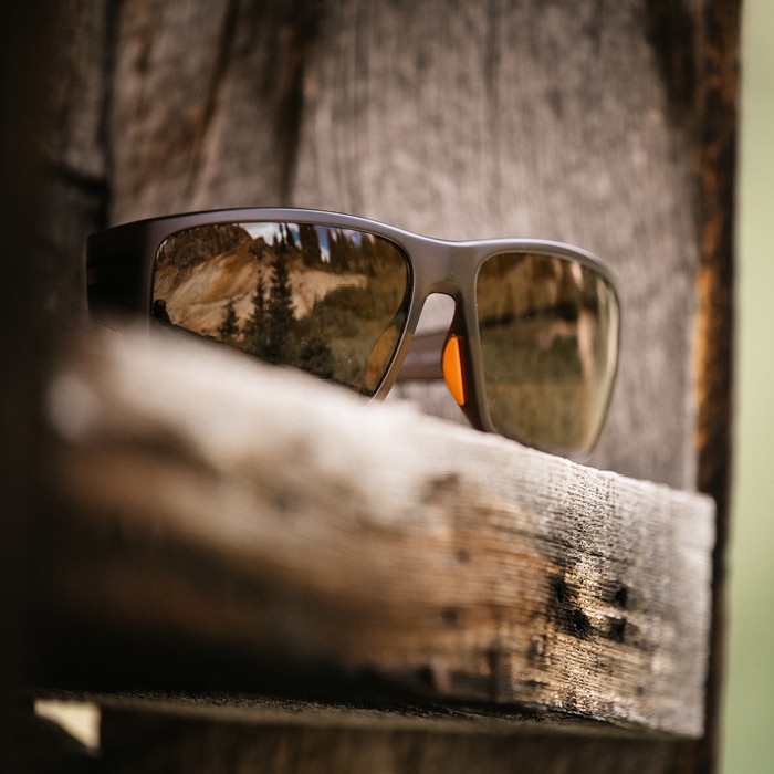 zeal optics sunglasses on wooden shelf with trees reflected in lenses