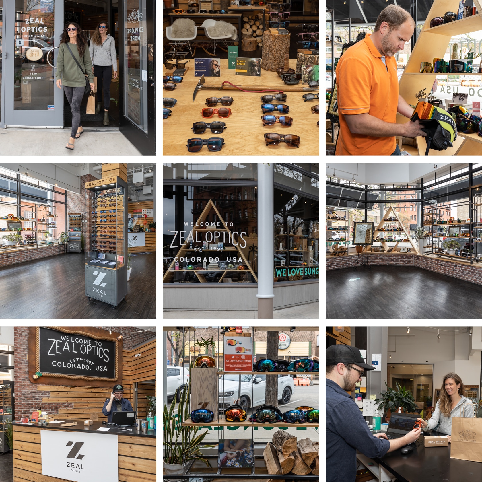 a grid of nine photos showing different angles of the Zeal Optics flagship store and products