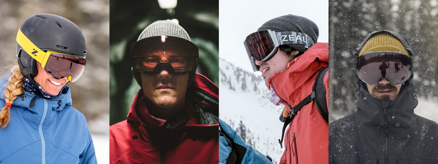 four photos of skiers wearing Auto+ goggles