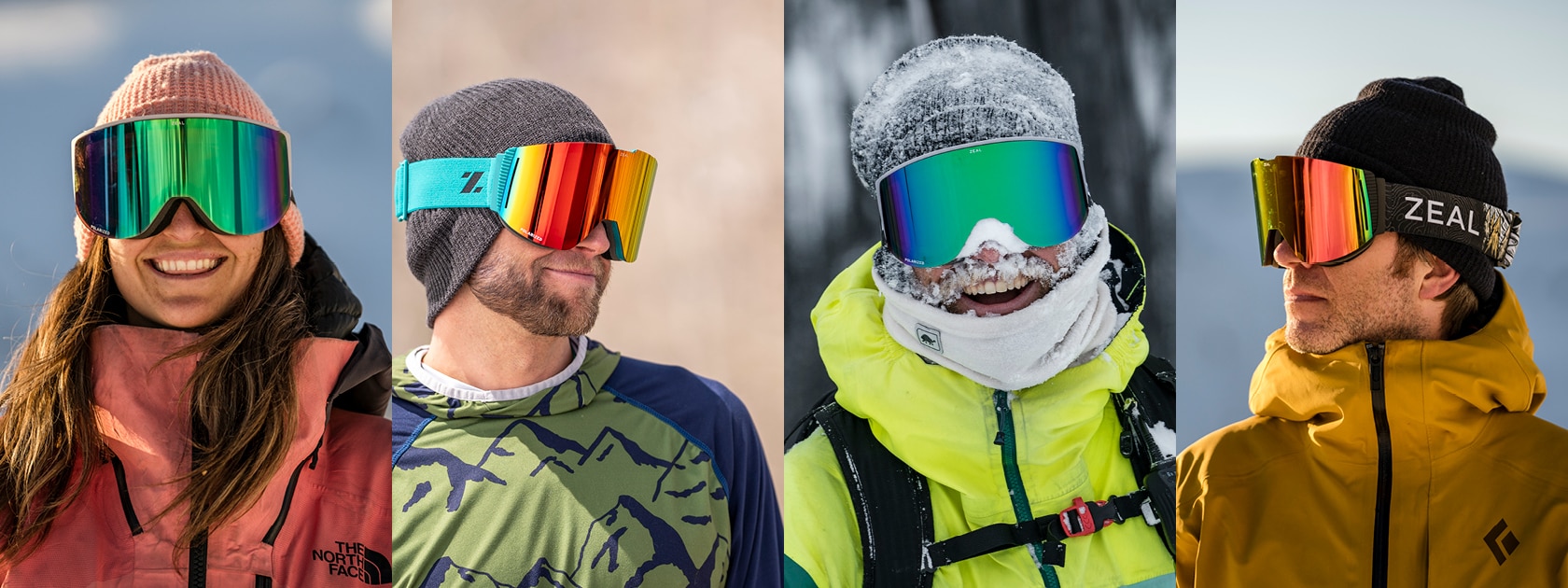 four lifestyle images of people wearing polarized Zeal goggles