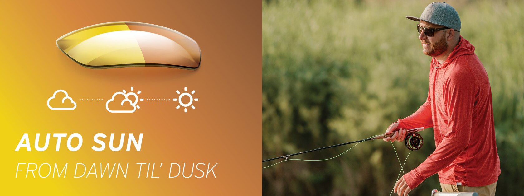 auto sun icon next to photo of man flyfishing with grassy bank background