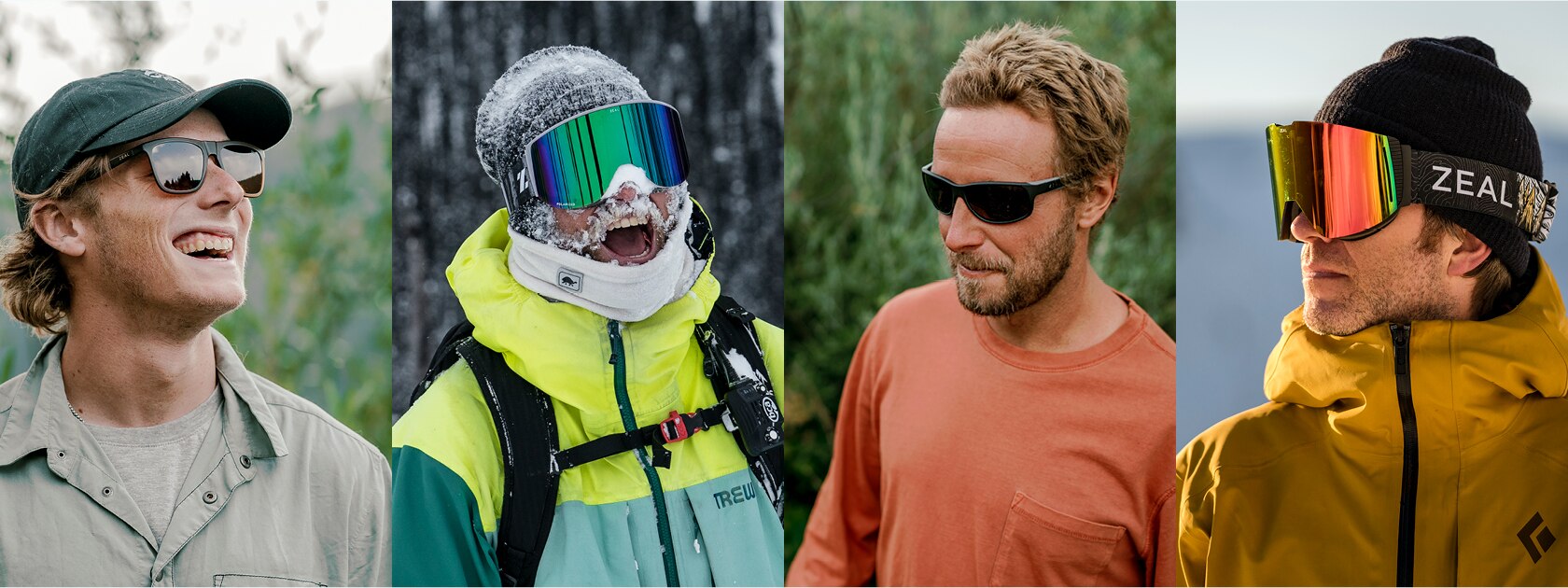 product imagery of 2 men wearing polarized sunglasses and 2 mean wearing ski and snowboard goggles
