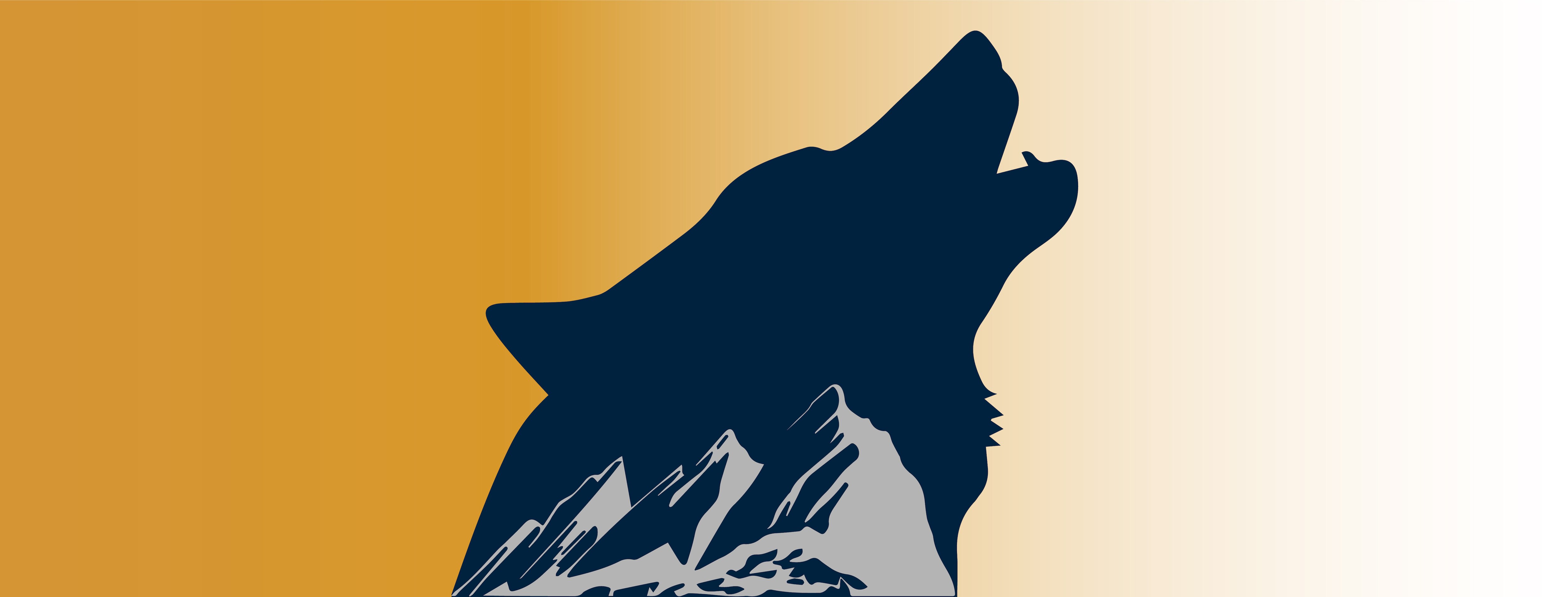 navy graphic of a wolf head howling behind the outline of the Boulder Flatirons