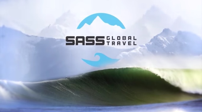 big ocean wave with snowy mountains photoshopped above with SASS global travel logo on top