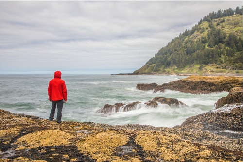 Person in red coat along a rocky shoreline looking out at the water