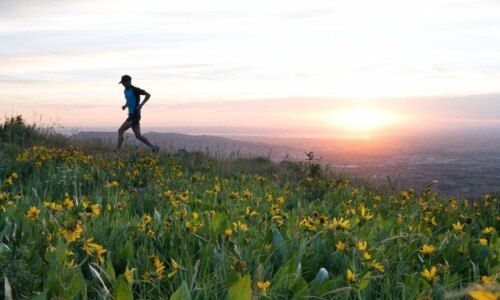 Man running in a field of yellow flowers with the sun setting in the background