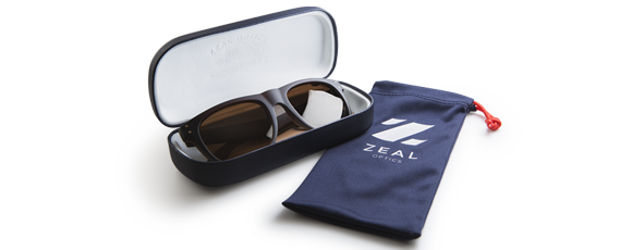 zeal sunglasses inside matching zeal case and blue zeal sunglass bag